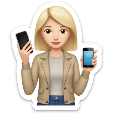 woman casual clothes holding just one phone in one hand and the other hand empty sticker