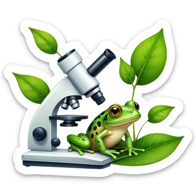 An icon featuring a DNA strand, a microscope, and a green leaf, symbolizing biology. The design includes animal cells, plant structures, and a frog, representing the study of living organisms and ecosystems. Transparent background highlights life sciences and biological research. sticker