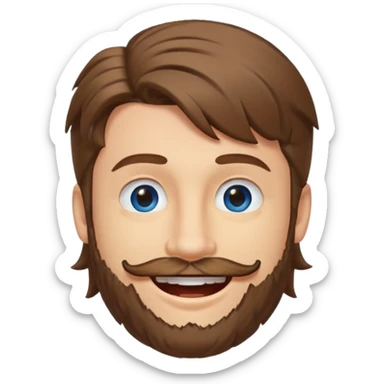 25 year old man, short scruffy beard and sparse moustache, brown puffy mullet, blue eyes, big smile, white teeth, big lips, pronounced jaw sticker