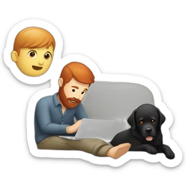 a man with a red beard sits working on a laptop on the sofa with a black Labrador sticker