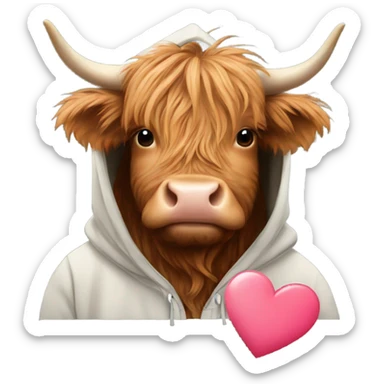 Highland cow wearing a hoodie holding a heart sticker