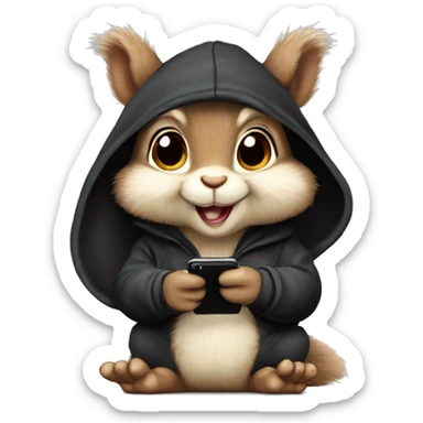 Cute realistic fluffy Squirrel with fluffy ears in black hoodie holding an iPhone  sticker