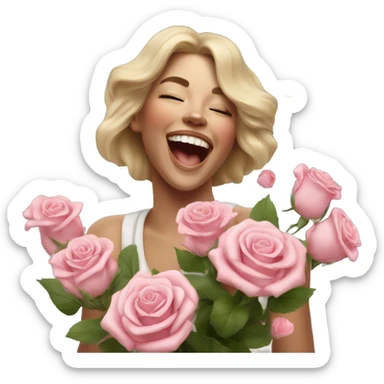 Hyper Realistic beautiful woman smells bouquet of roses laughing  sticker