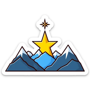 A yellow eight-pointed star with wide points and a simple mountain silhouette in the center of the star sticker