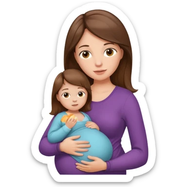 "Pregnant woman sitting with long brown hair and fair skin, holding a baby with short brown hair and fair skin." sticker