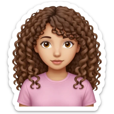 A Latina girl with brown eyes and long loose curly hair with curly bangs with a light pink shirt sticker
