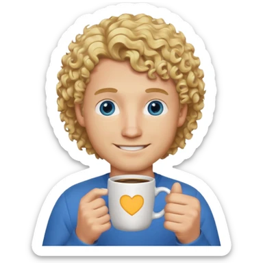 male developer with blonde curly hair and blue eyes, holding a coffee mug, happy sticker