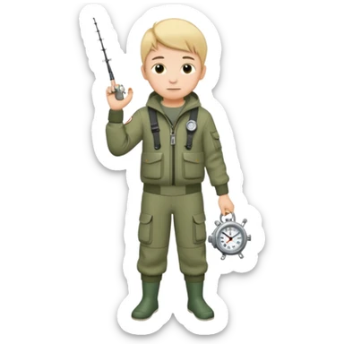 Boy in fishing suit looking at his wristwatch, full body sticker