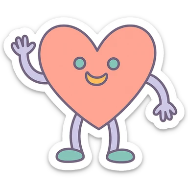 funny children's drawing of a heart character with arms and legs, pastel colors sticker