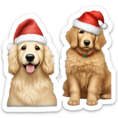 Make an emoji with a fluffy goldendoodle and golden retriever sitting next to each other with Christmas hats on  sticker