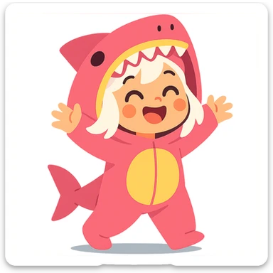 cute cartoon girl with white hair in a pink shark onesie, cheerful and joyful expression sticker