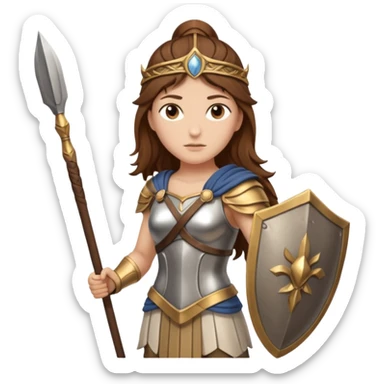 brown haired Athena the Greek goddess of disciplined, strategic warfare, calm, commanding figure leading with intelligence not force. wears light armour carries a spear, symbolising protection precise judgement. strategy, not aggression, embodying clarity, foresight and decisive action. sticker