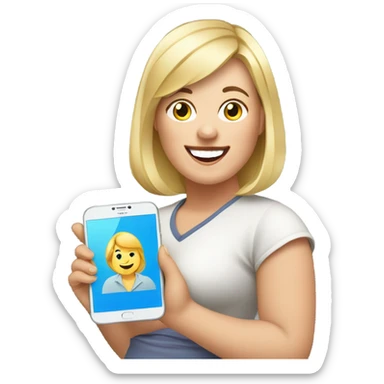 overweight blondie woman happy with a smartphone in hands showing charts sticker