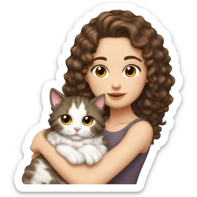 White Girl long curly brunette hair cuddling with cat sticker