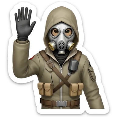 Emoji of a character combining Assassin's Creed and S.T.A.L.K.E.R., hood, gas mask, tactical gear, waving hand, minimalist, clean design, white background, no shadows. sticker