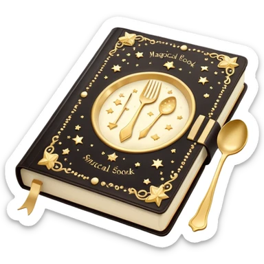 Magical glowing cookbook with a sparkling fork and spoon symbol on the cover, surrounded by tiny stars and magical sparkles sticker