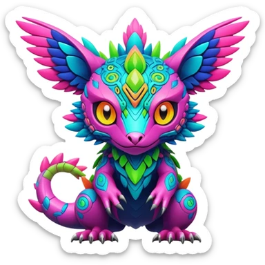 Tropical lush warm-colored modern colorful neon-colored cyber-Fakémon-Digimon-Trico-creature sticker