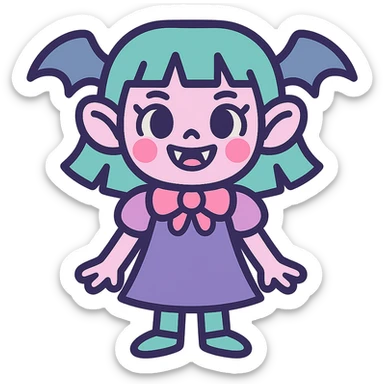 scary cute girl character, pastel colors, fangs, friendly expression sticker