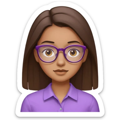 Imagine a pretty girl with slightly light brown skin with big brown eyes and glasses. She has straight long brown hair in a slick back and is wearing a light purple shirt sticker