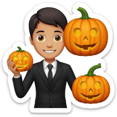 A pumpkin smiling at a magnifying glass (the magnifying glass has a suit thats black, the magnifying glass also has one eye in the middle turn the magnifying glass into a living person give the magnifying glass Normal looking eyes and give it actual arms and legs  sticker