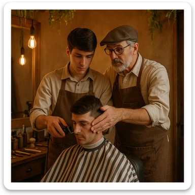 Inside a cozy barbershop with soft lighting, an experienced barber gently teaches his apprentice, guiding his hands as they cut hair together. The room is filled with warmth, plants hanging from the ceiling, and the hum of clippers sticker