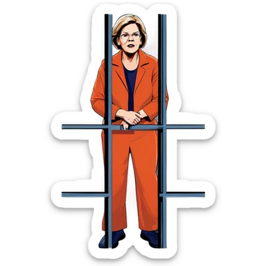 Make a picture of Senator Elizabeth Warren wearing an orange jumpsuit and behind bars make her look worried extremely worried and as realistic as you can sticker