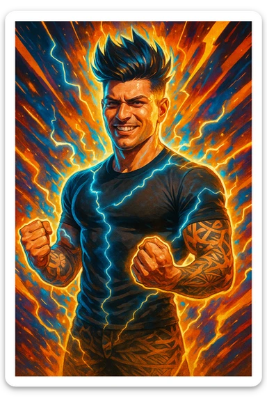 a man with a chiseled physique and wild, upward hair stands center stage, fists clenched and chest out. A radiant, electric aura envelops him, with energy lines and glowing effects highlighting his strength and masculinity. His face shows determination and pride, and the background features explosive, dynamic patterns. sticker
