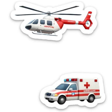 3d hospital outside, with text hospital, ambulance, helicopter sticker