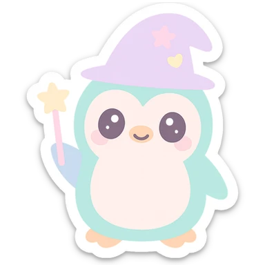 {
  "style_description": {
    "overall_look": "Cute, minimal, and soft with a friendly and playful tone",
    "material_simulation": {
      "primary_material": "flat digital color",
      "texture_detail": "smooth surfaces with no texture or shading",
      "pattern": "none or very simple decorative accents (e.g., hearts, stars)"
    },
    "geometry": {
      "edge_style": "rounded, soft curves with no sharp angles",
      "dimensionality": "flat two-dimensional appearance with simple shapes"
    },
    "color_palette": {
      "scheme": "pastel and light tones",
      "preferred_colors": ["pink", "mint", "lavender", "baby blue", "peach"],
      "contrast": "low contrast with bright accents"
    },
    "facial_features": {
      "eyes": "large, sparkly, often oval or circular",
      "mouth": "small, often a simple curve or dot",
      "expression": "joyful, innocent, or calm"
    },
    "lighting": {
      "type": "none or implied with soft highlights",
      "purpose": "maintain a clean and cheerful look"
    },
    "render_constraints": {
      "avoid": ["realistic shading", "high detail", "dark themes", "texture noise"],
      "focus_on": ["cute expression", "iconic simplicity", "emotional warmth"]
    },
    "background": {
      "color": "white or soft pastel",
      "style": "plain or patterned with simple icons (e.g., polka dots, stars)",
      "lighting_consistency": "no shadows, evenly lit feel"
    }
  }
}

{subject} = penguin wizard sticker