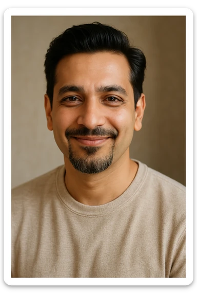 A 40-year-old Indian man with a slick French goatee, fair complexion, and a nice, trusting smile. His look is warm and makes you feel good. sticker