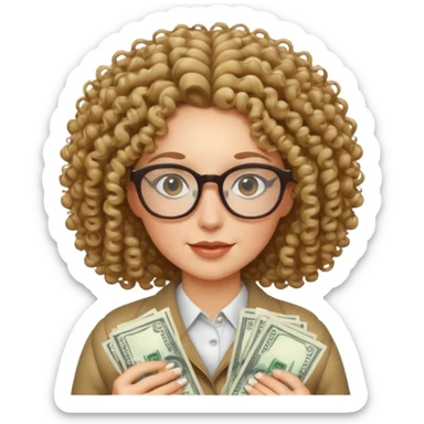 curly haired white woman with glasses holding a lot of money sticker
