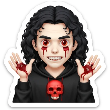Vampire wearing a black hoodie with a skull logo on it, long curly hair that covers the forehead, fanged teeth and blood on hands sticker