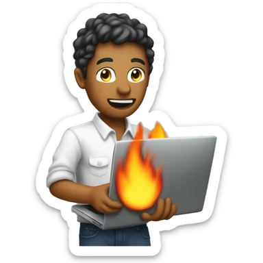 a software engineer holding a computer that is on fire sticker