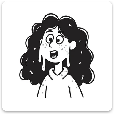 shocked woman with long messy curly black hair, thick goopy white liquid on cheeks, lips, tongue, tongue out, eyes wide open, gunk dripping and matting hair sticker