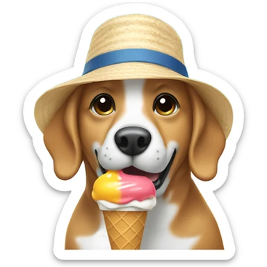 Dog eating ice cream with a beach hat sticker