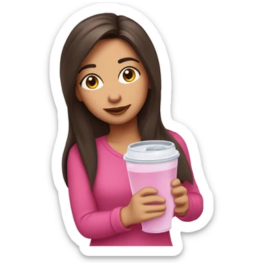 Brunette girl sipping water from pink Stanley cup sticker