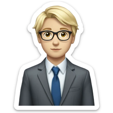 Blond teen boy with medium short hair, blue eyes, in a suit, with glasses sticker