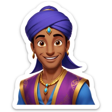 Cinematic Realistic Aladdin Portrait, head tilted dramatically with an exaggeratedly amused expression, featuring vibrant eyes and a slight, roguish grin. His detailed attire and subtle magical accents are brought to life with dynamic lighting and vivid textures, capturing a rare, playful burst of humor from a daring street-wise adventurer. sticker