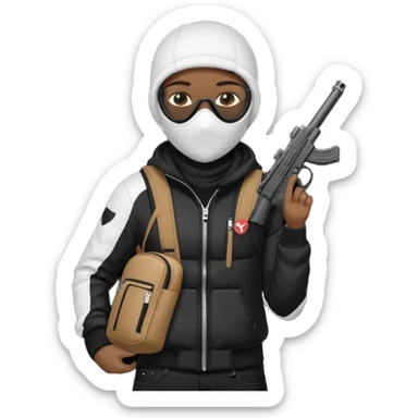YN wearing a ski mask, holding a gun, all black fit, black jeans, Sprayground bookbag, confident stance sticker