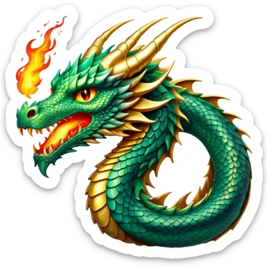 cinematic-noble-dragon-portrait-emoji,-poised-and-majestic,-with-a-sinuous, breathing raging fire breath, -elongated-body-covered-in-intricately-detailed,-shimmering-scales-in-hues-of-emerald-and-gold,-and-piercing,-fiery-eyes-that-reflect-ancient-wisdom; Breathing fire sticker