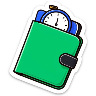 black wallet with a small clock hovering above it sticker