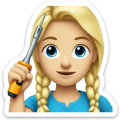 young blonde Female wearing a bright blue shirt holding a screwdriver in hand sticker