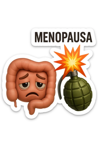 EMOJI STILE IPHONE 3D DI INTESTINO SFINITO CON ESPRESSIONE STANCA, ACCANTO A LUI SCOPPIA UNA GRANATA 3D CON LA SCRITTA "MENOPAUSA" SOPRA sticker