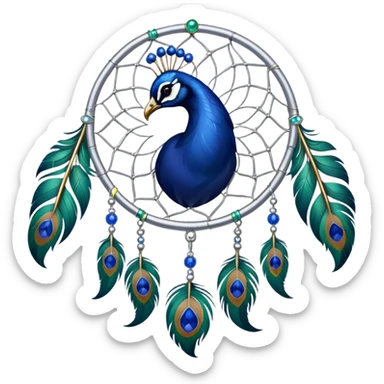 a Silver Dreamcatcher with sapphire-stones and emerald-stones, and with peacock-feathers sticker