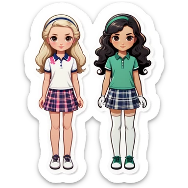  one  girl with shortish straight black hair and white skin with golf clothes on, one American girl with long curly dirty blond hair and a floral dress on.   sticker