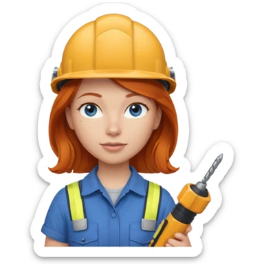A ginger haired girl blue eyes, handyman Outfit, wearing a Helmet, with drill sticker