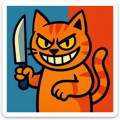 a cat with a sharp knife and a sinister smile, bold and colorful illustration sticker