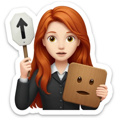 Long haired redhead holding a LURK sign sticker