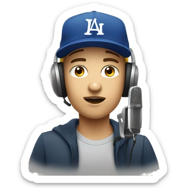 Young White Podcaster with baseball cap talking into microphone sticker