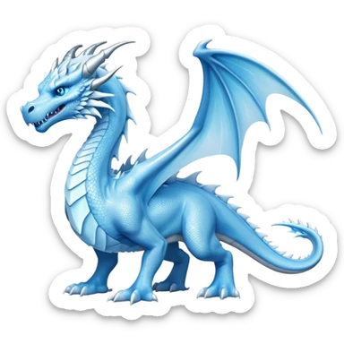 Cinematic Noble wise elegant Ice Dragon full body  Emoji, Poised and imposing, distinct long elegant snout, with a slender, scaled body shimmering in glacial hues of icy blue, frostbitten silver, and crystalline white, breathing out frost, with piercing, glowing ice blue white eyes that radiate the chilling depths of an arctic storm; rendered in detail. excuding wisdom sticker